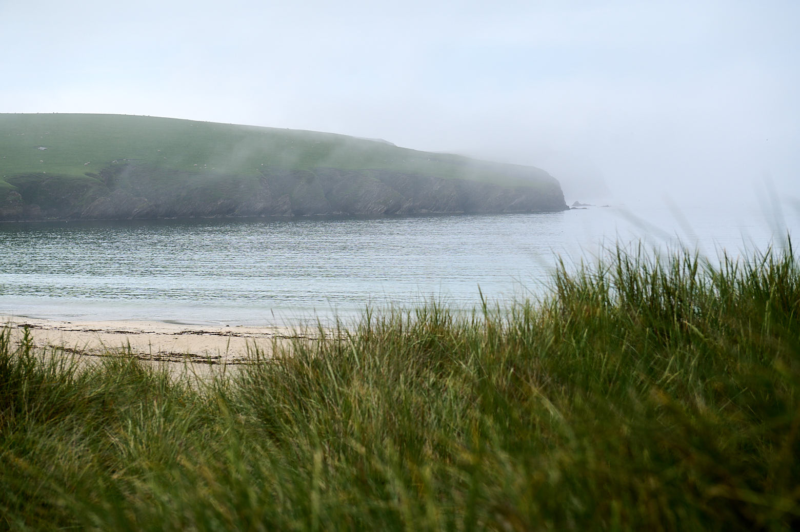 St. Ninians Isle under a thick blanket of fog.