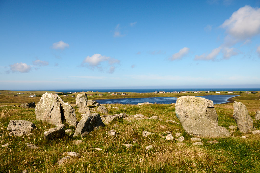Steinacleit Stone circle and cairn on the Isle of Lewis on a sunny summers day