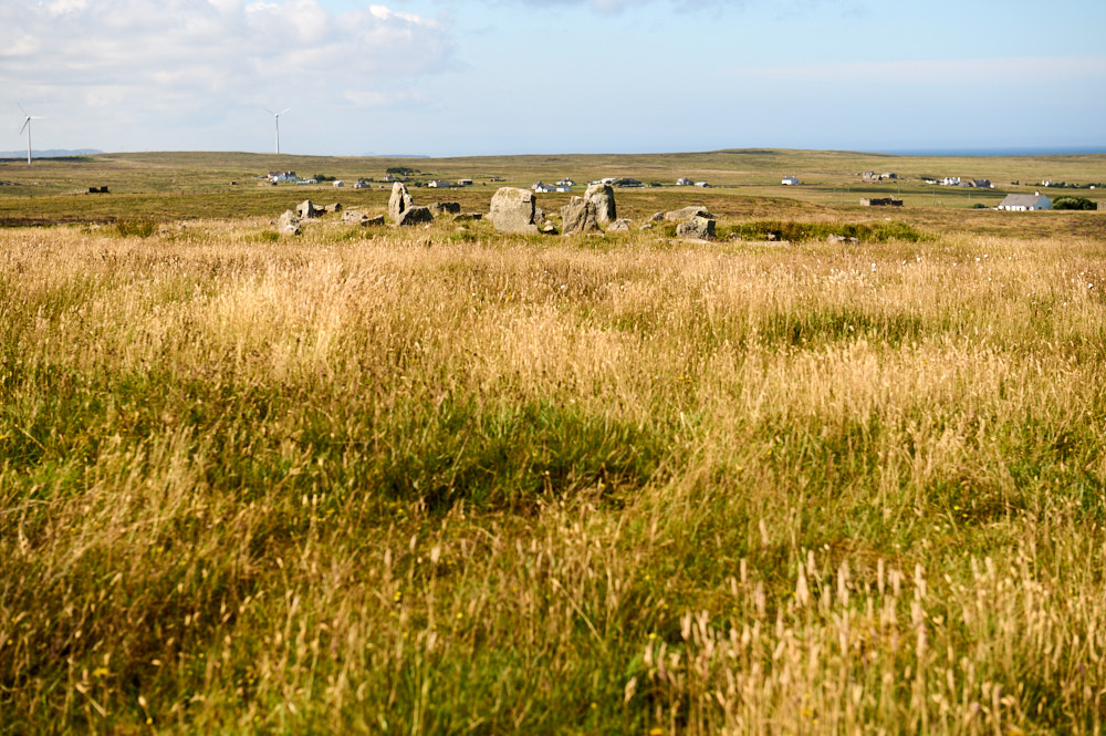 Steinacleit Stone circle and cairn on the Isle of Lewis on a sunny summers day