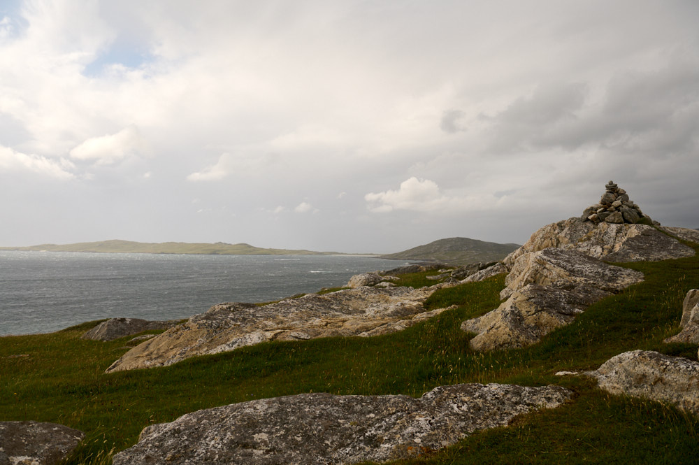 Walking up to Macleod´s Stone and looking down to Niseabost beach.